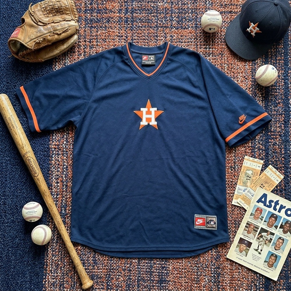 Nike Houston Astros Cooperstown Jersey Mens XXL Navy Orange V Neck MLB Pullover